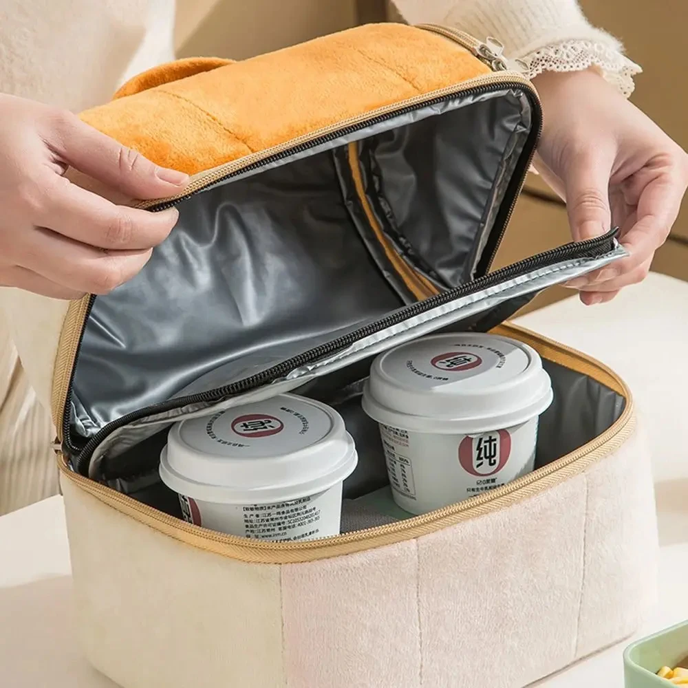 High Capacity Flannel Storage Shoulder Bags Lunch Box Portable Insulation Deepen Thicken Double-layer Food Hiking Picnic Bag