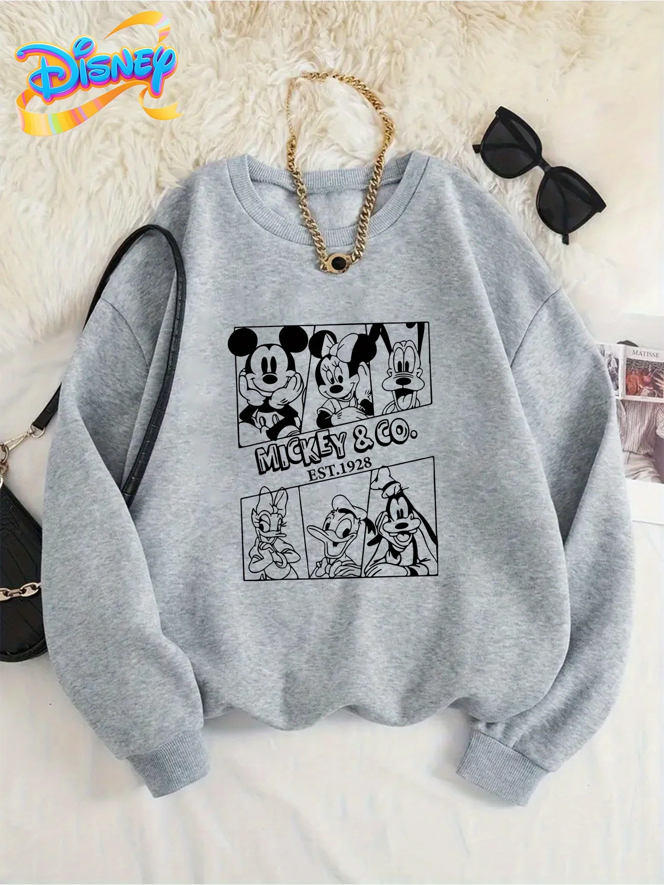 ديزني 2026 جديد زوجين ميكي ماوس المزاج طباعة الخريف/الشتاء الاتجاه المرأة المتضخم تنفس كم طويل طاقم الرقبة