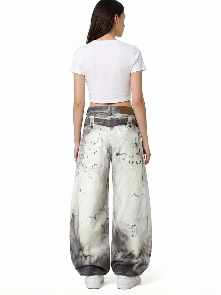 3D Print Distressed Dirty Bleached Washed Retro Gothic Grunge Loose Women's Jeans Pants Trousers for Women Girls Streetwear