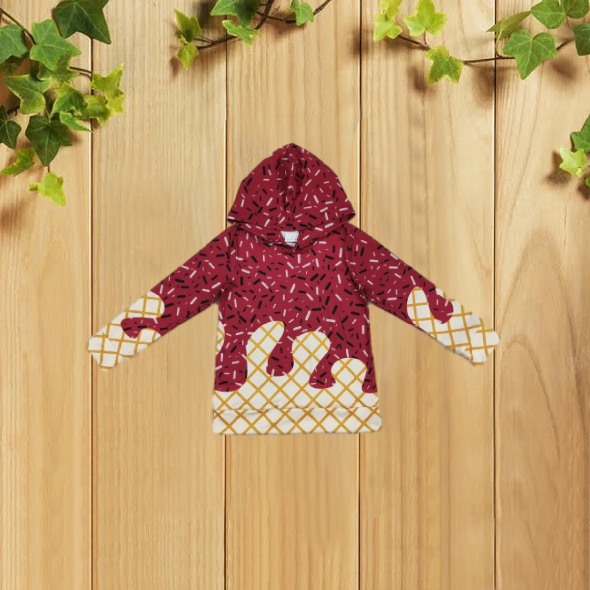 

8.16 Осенняя темно-красная детская толстовка с капюшоном и длинными рукавами с мороженым и шапкой, детская одежда, детская футболка из мягкого хлопка