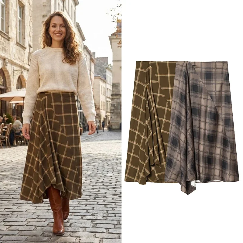 FANAN Women Fashion Plaid Pleated Side Zipper Midi Skirt Vintage High Waist Female Chic Lady Skirts