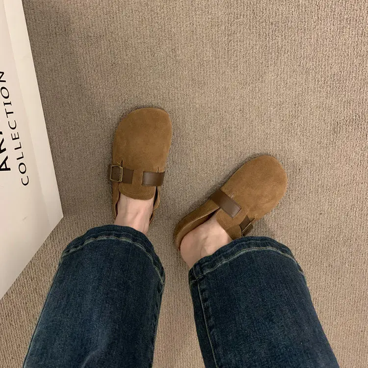 Low Female Shoes Slippers Soft Cover Toe Loafers Slides 2024 Comfort Rubber Hoof Heels Retro PU Sewing Fabric Casual Leisure
