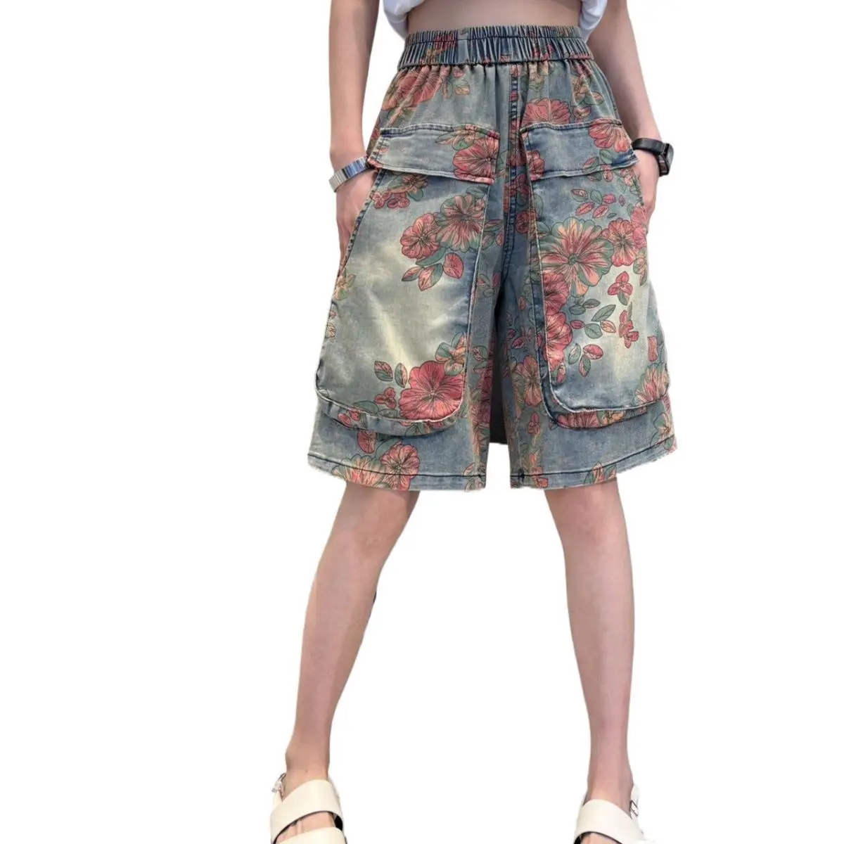 Donna estate sciolto stile straniero/occidentale stampa Jeans a vita alta abbigliamento donna tutto-fiammifero stile cinese appare pantaloncini sottili