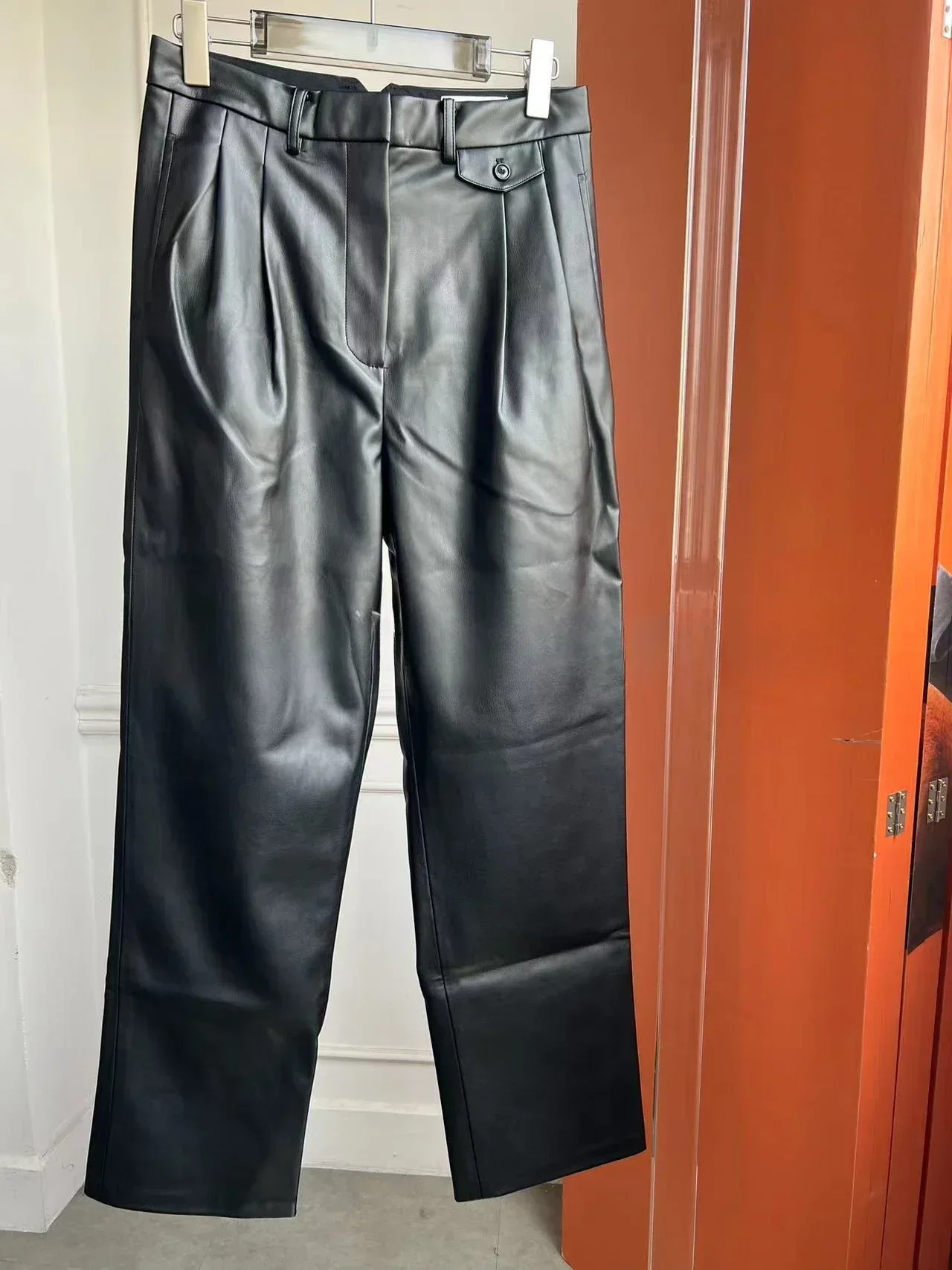 FKS @-Matte Draping Slim Protein Leather Pants, Wide Leg Pants, American Leather Pants, Autumn and Winter, 2024, New