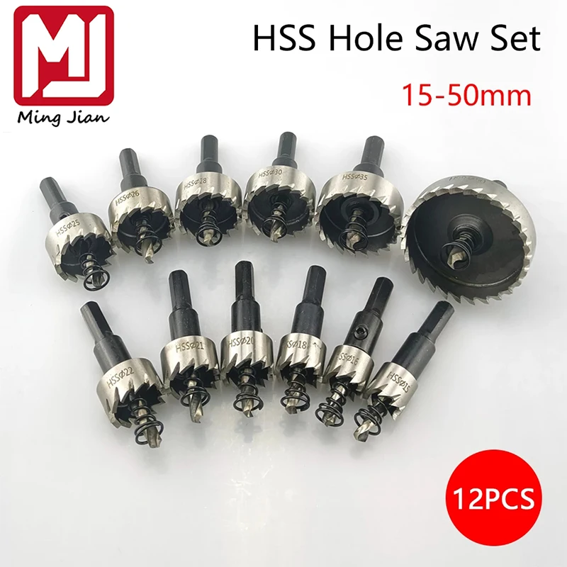 12 Pcs 15-50mm HSS Hole Saw Set High Speed Steel Drill Bit Drilling Crown for Metal Alloy Stainless Steel Wood Cutting Tool