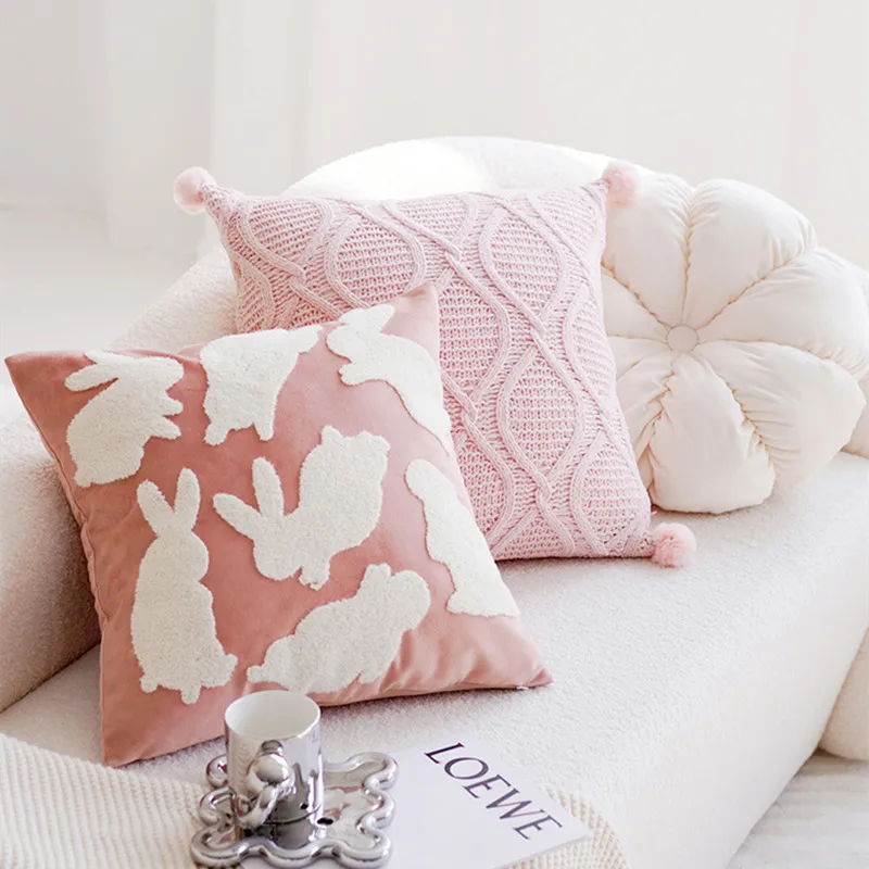 Pink White Cushion Cover 45x45cm Pillow Cover Modern Simple Knitted Tassel Round Home Decoration Living Room Bedroom Chair Couch