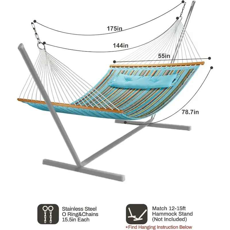 12 FT Double Quilted Fabric Hammock with Spreader Bars and Pillow 450 LBS Weight Capacity 2 Person Hammock for Outdoor Patio