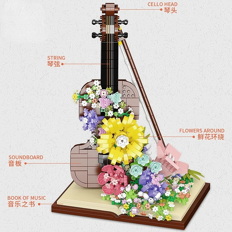 Micro Piano Violin Building Blocks Musical Instrument Flower Waterfall DIY Set Model Brick Toys Children\'s Holiday Gift For Kids