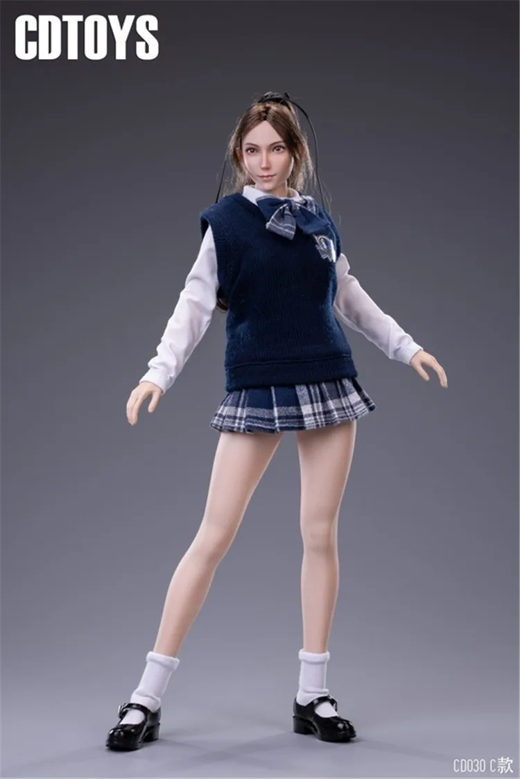 cdtoys cd030 1/6 Girl Female School Clothes Knitted Vest Shirt Pleated Skirt Suit with Shoes Fit 12'' Action Figure Body