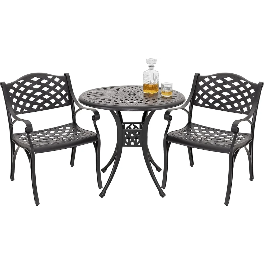 

3 Piece Outdoor Cast Aluminum Bistro Table Set Rustproof Table and Chairs with Umbrella Hole for Backyard, Balcony