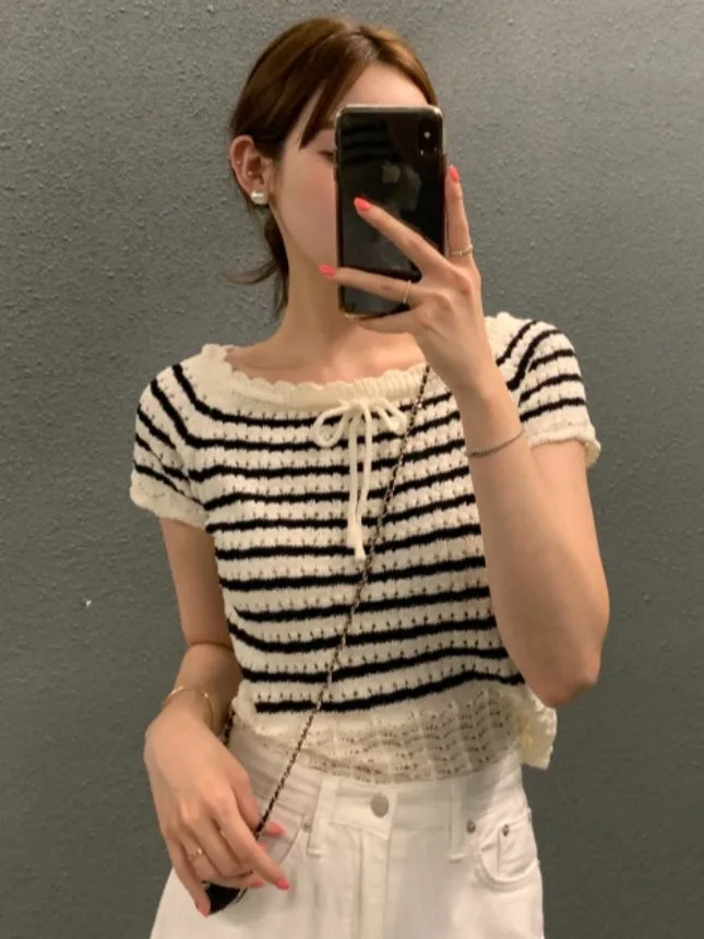

Chic Summer Slim Fit Short Sleeve Knitwear round Neck Ribbon Knot Striped Patterned Casual Comfortable Breathable W...