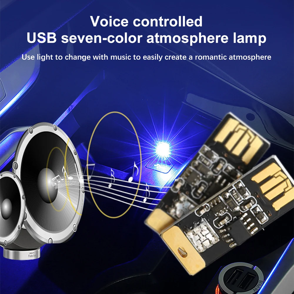 1 X Mini Usb Led Lamp Auto Interieur Decoratieve Sfeer Verlichting Geluid Controle Verlichting Decoratie Nachtlampje 7 Kleur Disco flash