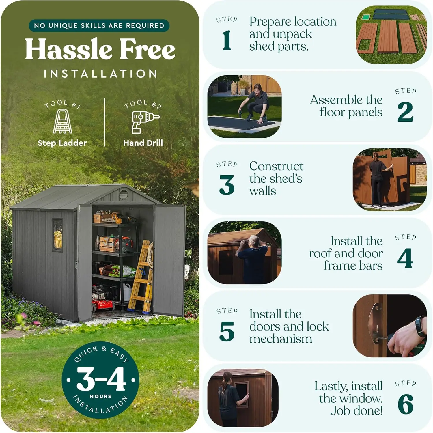 6x8 Ft All-Weather Heavy-Duty Resin Outdoor Storage Shed with Double Lockable Doors, Floor Panel, & Built-in Ventilation