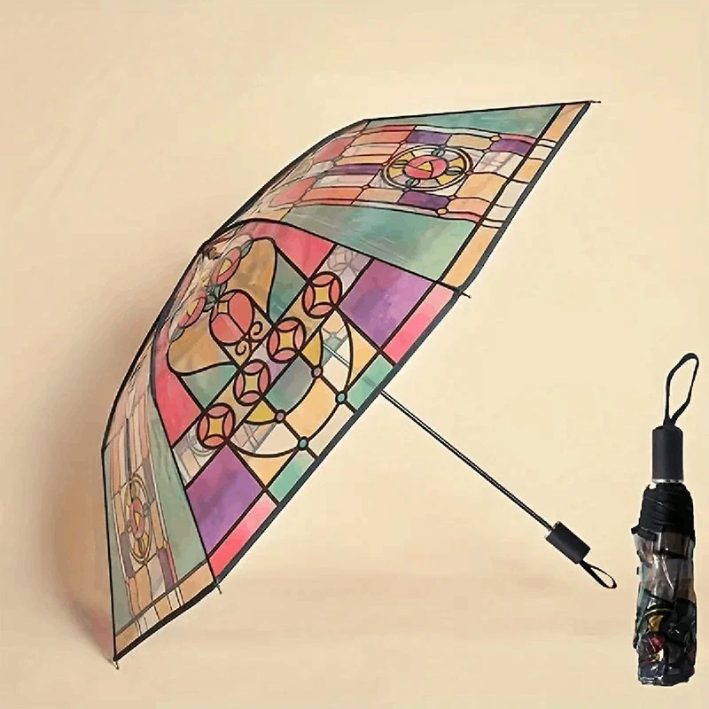 Britischer Regenwald-Bogen-Regenschirm, transparenter automatischer Regenschirm mit langem Griff, Buntglas-Regenschirm, großer romantischer Sonnen- und Regenschirm