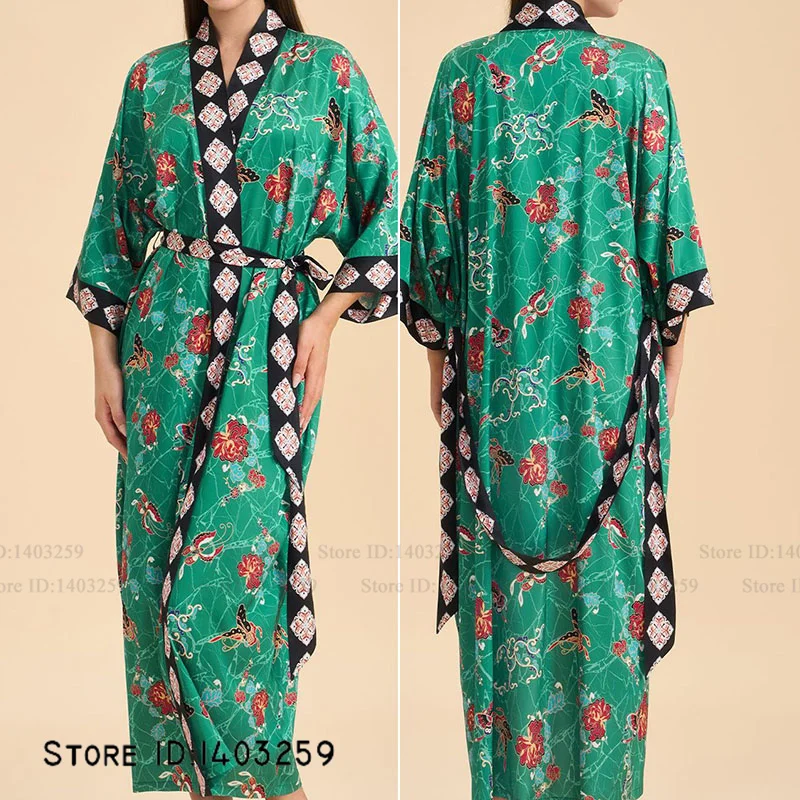 

Women's Long Robe Home Dress Spring Summer Sleepwear Nightgown Elegant Print Flower Kimono Bathrobe Gown Loose Homewear Lingerie