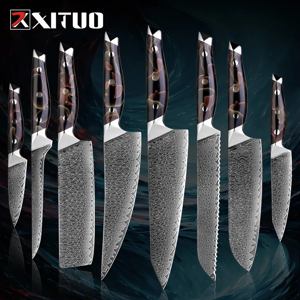 

Professional Kitchen Knife Set 1-8 PCS Japanese Damascus VG10 Steel Chef's Knife Set Sharp Cleaver Slicing Knife Cooking Tools