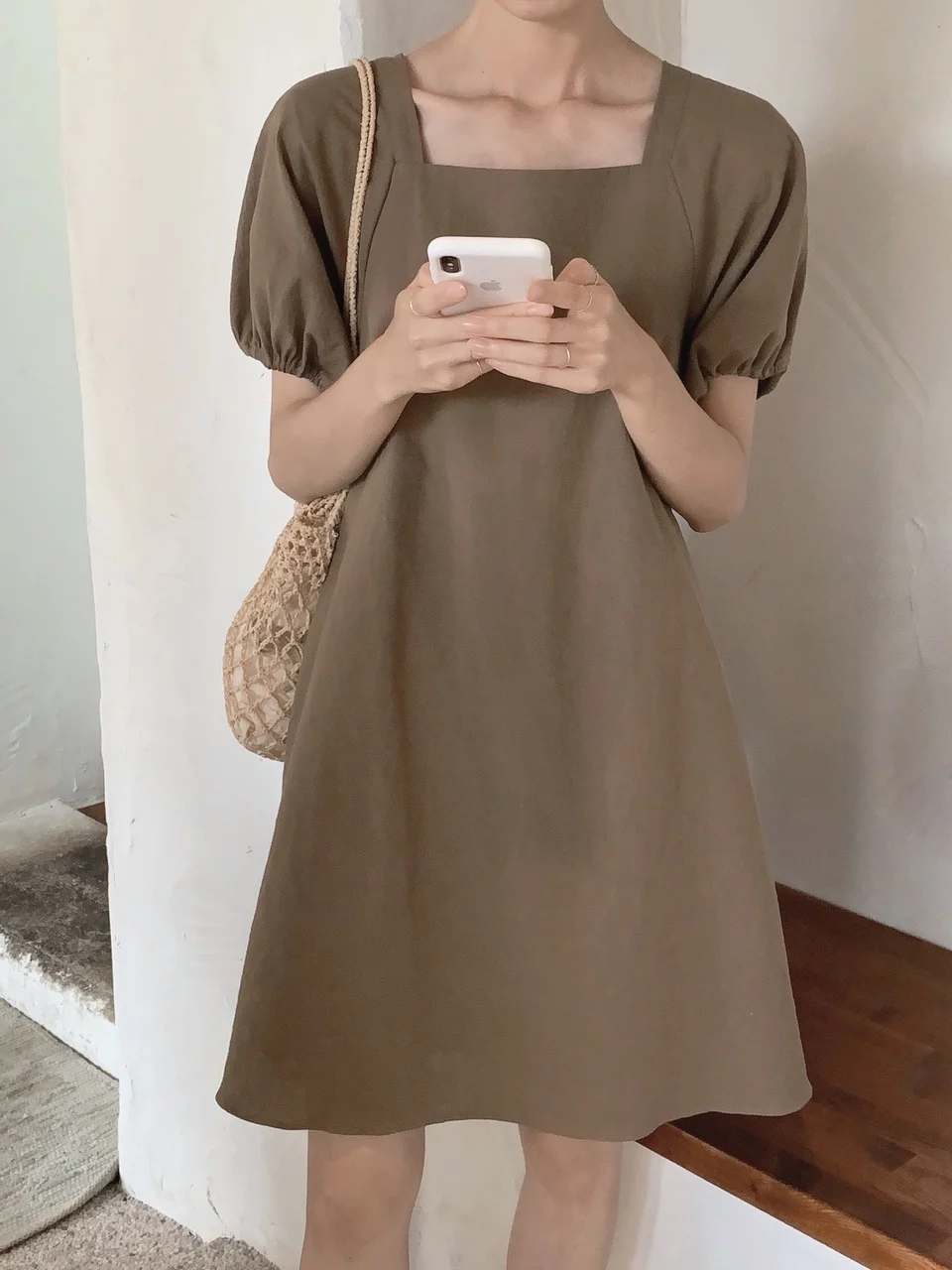 Loose Korean Sle Women's Dr Summer New Faion ort Skirt Age Reduction Square Collar Belted A-Line Skirt