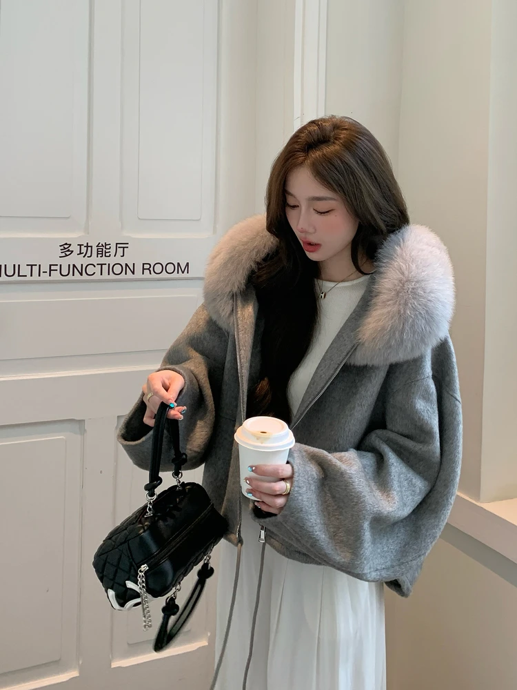 Lazy Style 2025 New double-sided cashmere coat with hat 100 Wool woolen fox fur cape coat for women