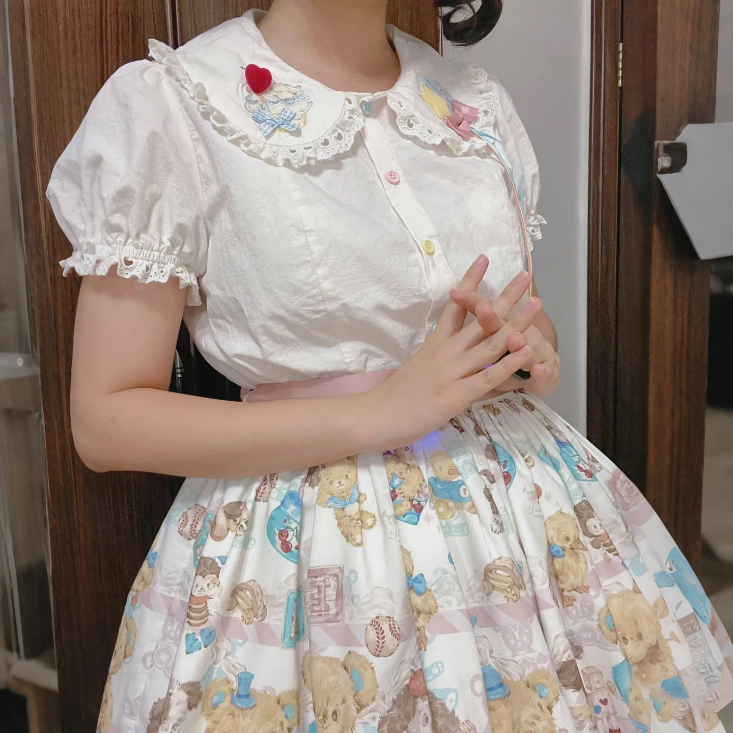 Lolita Doll Collar Bubble Sleeve Shirt Women Lolita Sweet Inside with Cute Bow White Bottom Top Short Sleeve Women Tops