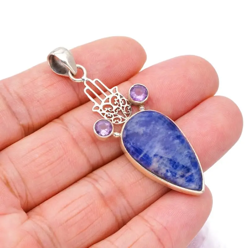 StarGems Natural Navy Sodalite&Hand,Amethyst Handmade 925 Sterling Silver Pendant 2 1/2