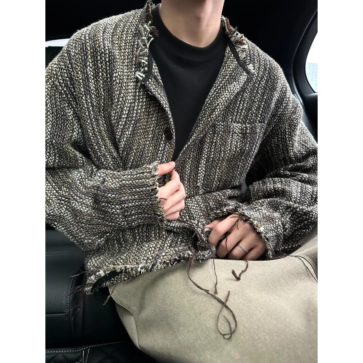 سترة رجالية على الطراز الياباني الرجعي هاراجوكو، معطف محبوك بدون ياقة للأزواج، مناسب للخريف والشتاء، تصميم قياسي بأكمام طويلة #5