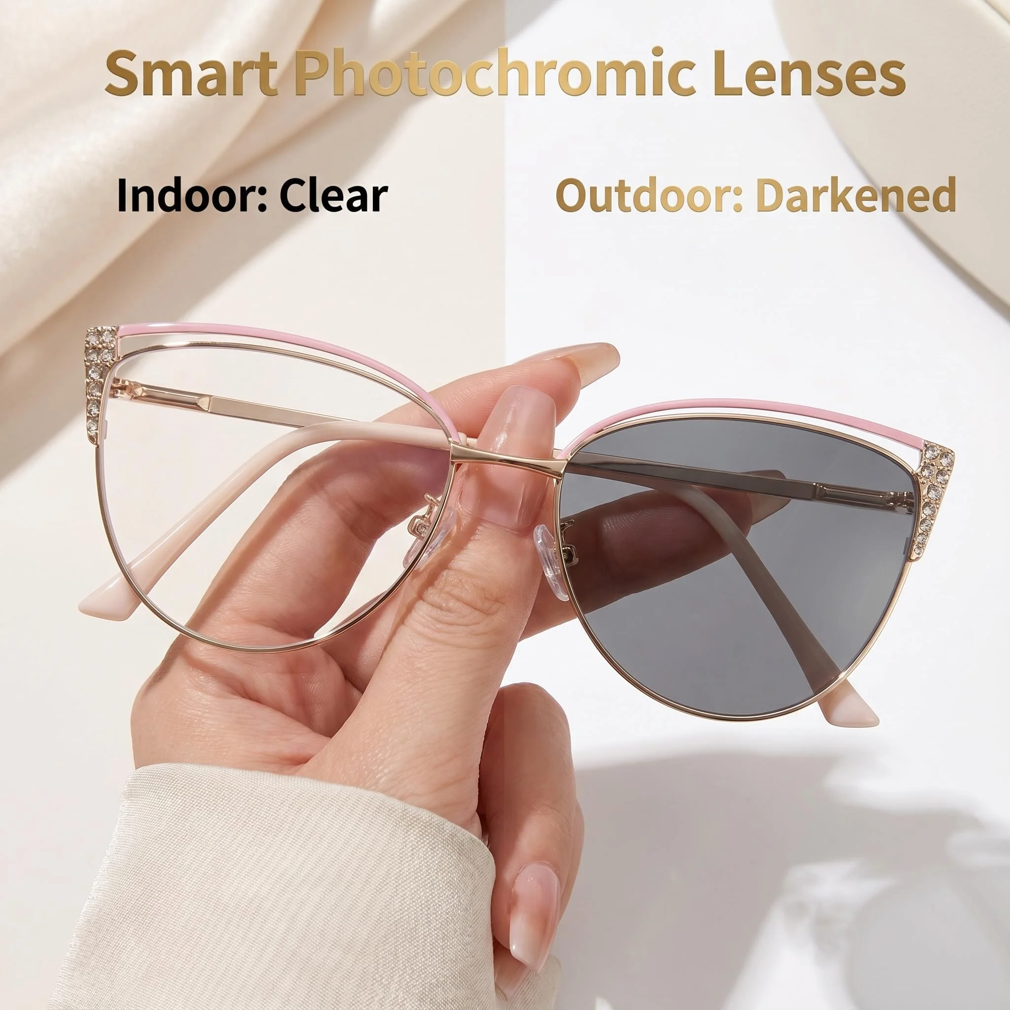 2026 New Cat Eye Photochromic Glasses Women Anti Blue Light Crystal Inlaid Eyeglasses Frame Fashion Smart Sunlight Change Color