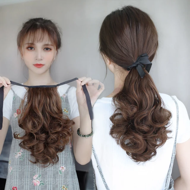 Syntetyczne damskie długie kręcone włosy kucyk peruka z wiązanymi paskami Diy urocze stylowe doczepy do włosów na imprezę tematyczną Cosplay 25-55cm