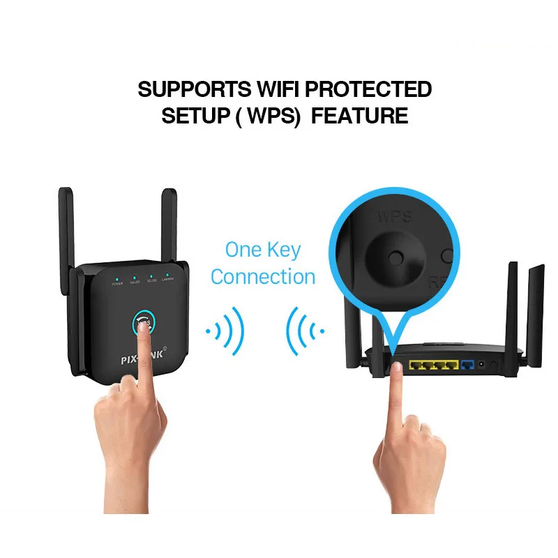 

PIX-LINK Wireless 1200Mbps Dual Band Gigabit WiFi Route Booster Amplifier Wifi Repeater AC06 4 Antennas WPA3 for Home Office