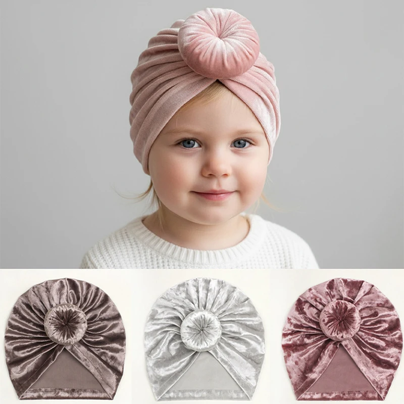 

Solid Velvet Fabric Turban Hat for Kids Girls Boys Baby Photograph Props Big Topknot Autumn Winter Ear Warm Newborn Beanie Cap