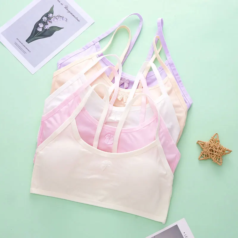 3pcs Cotton Thin Girl Solid Color Bow Bra Developmental Vest Middle High School Students Comfortable Versatile Puberty Underwear