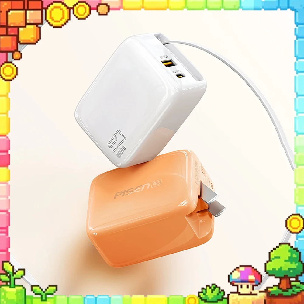 PISEN Upgraded Telescopic Charger 45W GaN Fast Charger Built Retractable Cable PD Quick Charge Adapter For Laptop Mobile Phone