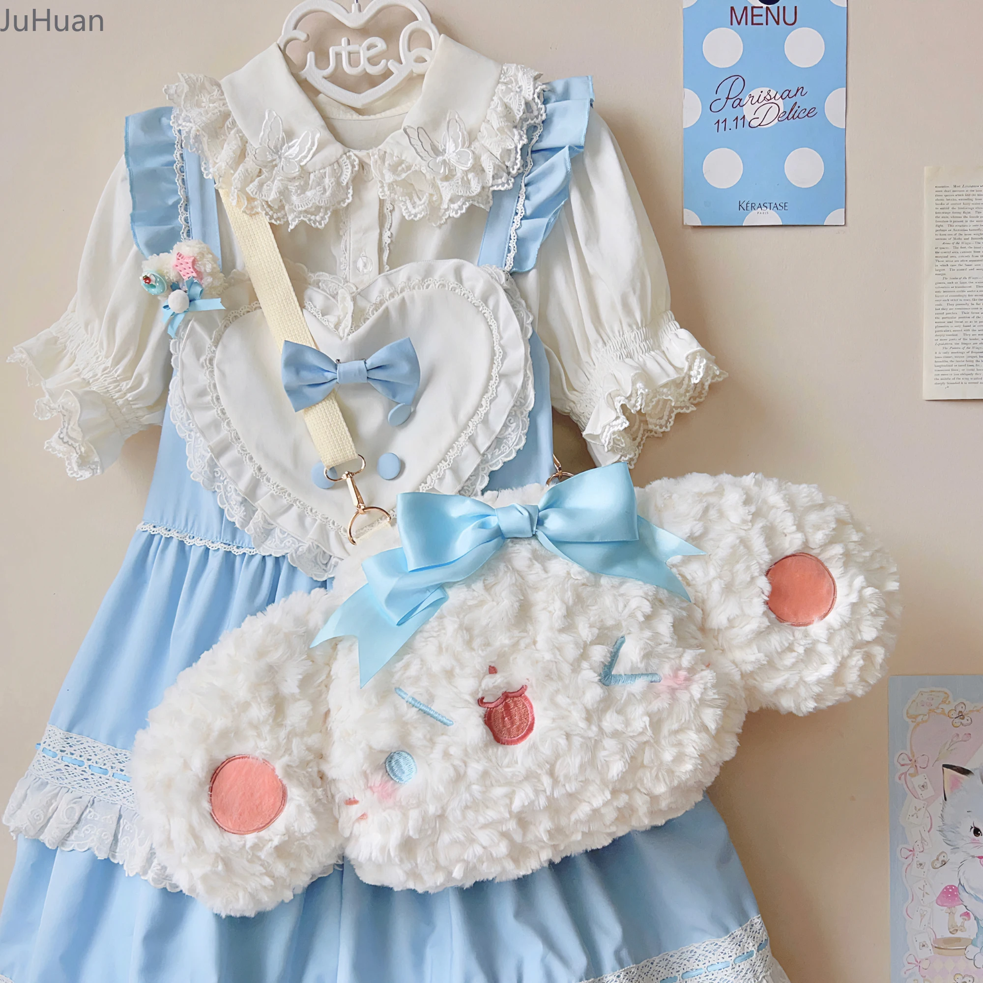 Borsa a tracolla da donna giapponese Kawaii Borse Lolita dolci e carine Fiocco in peluche Cucciolo impertinente Bella ragazza Zaino di grande capacità Donna