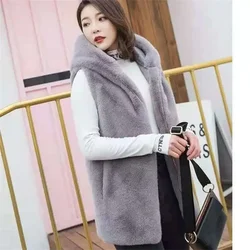 Hooded Vest Coat Women's Long 2025 Autumn Winter New Fur Imitation Rex Rabbit Fur Sleeveless Jacket Fashion Waistcoat Top Female