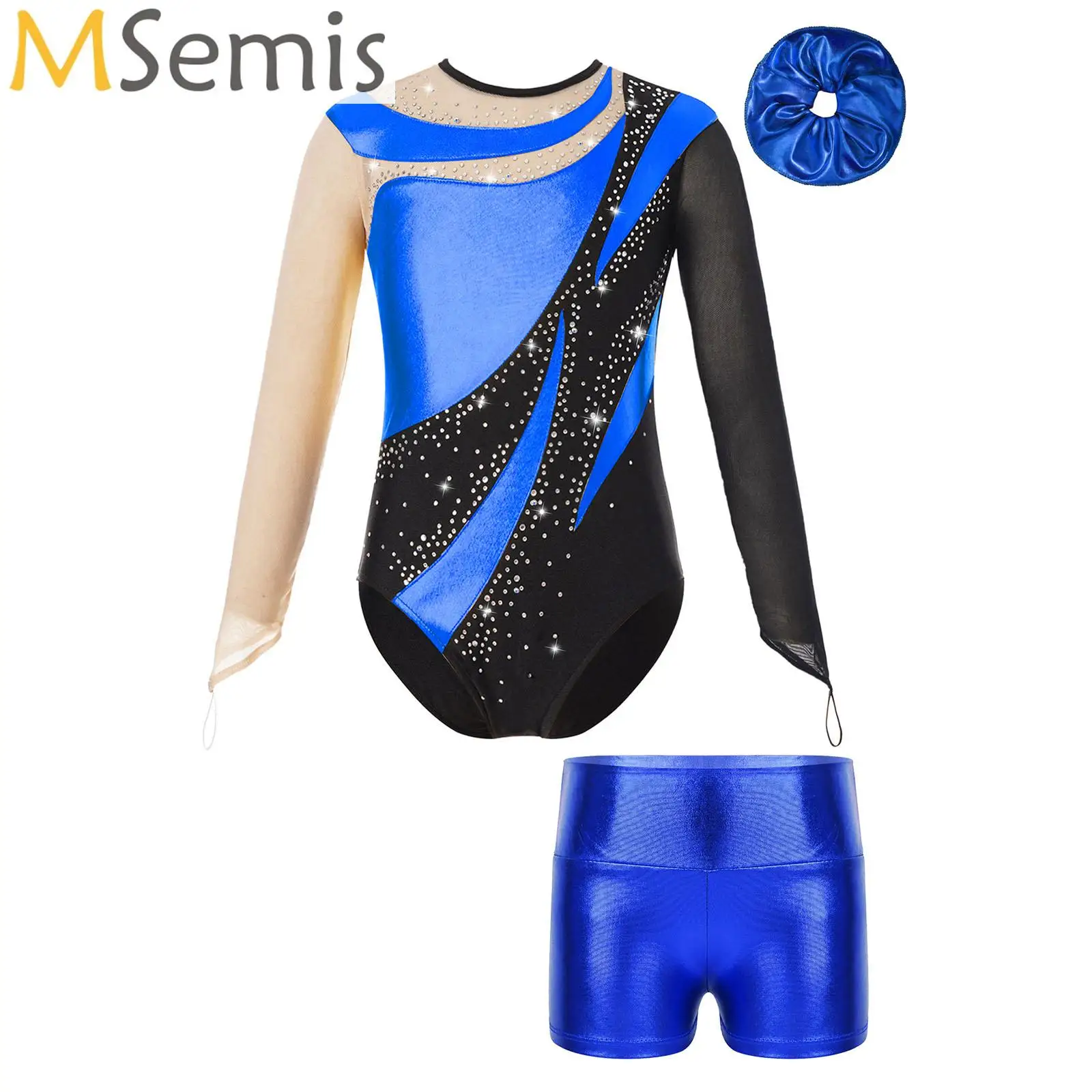 

Kids Girls Ballet Dancewear Figure Skating Acrobatics Gymnastic Performance Costume Long Sleeve Rhinestone Leotard with Shorts
