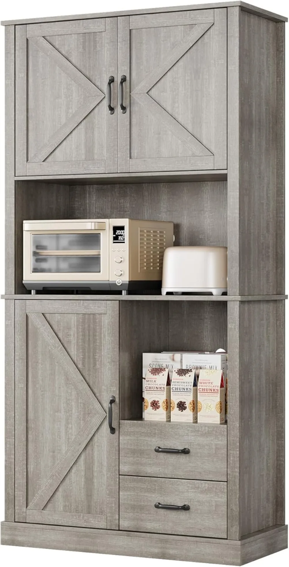 Modern Kitchen Pantry Cabinet with Microwave Stand with Drawers & Adjustable Shelves, for Dining Room,Grey image 6