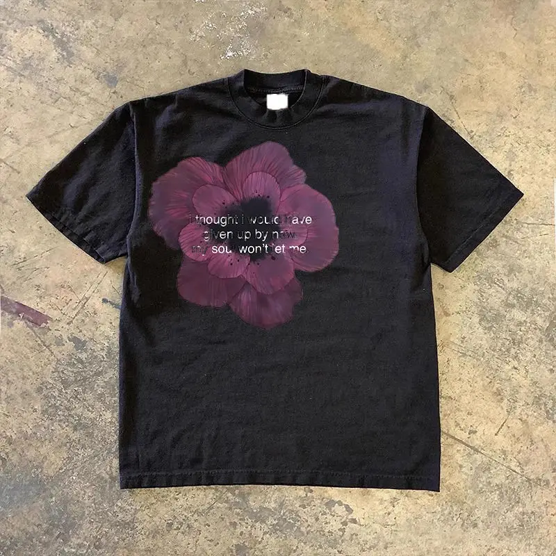 

2025 summer new style Kaji Flower Letter Pattern Print Pure Cotton Short Sleeve Women T-shirt Casual Goth Loose Trendy Brand Top