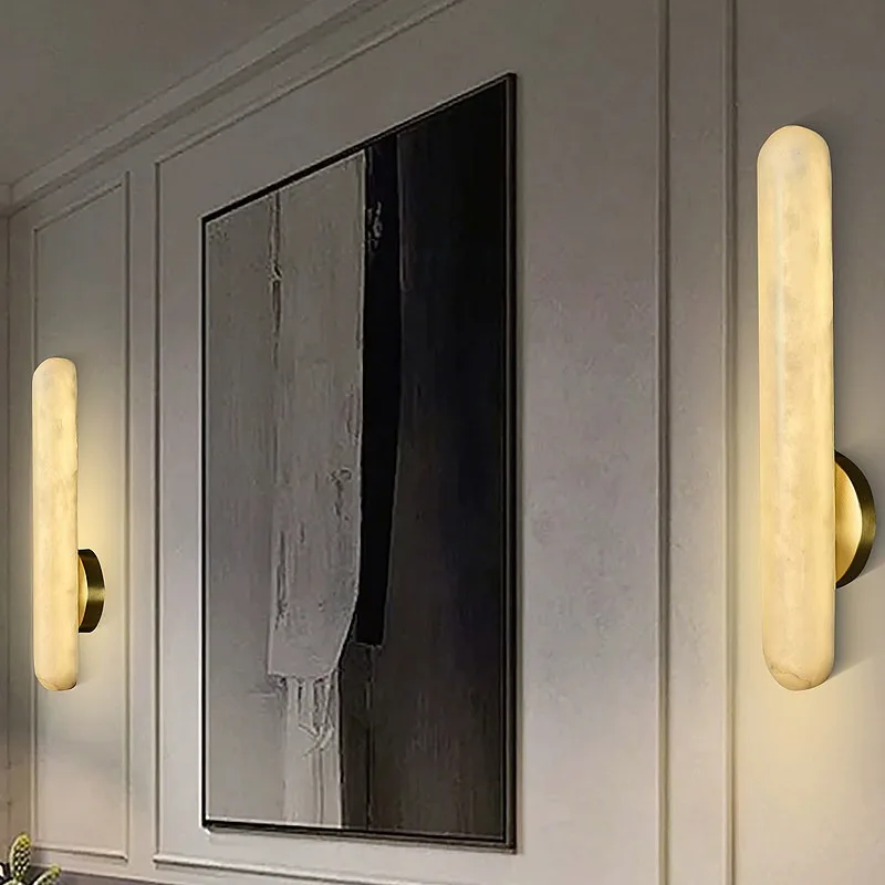 Full Brass and Natural Marble Vanity Wall Light for Bathroom Mirror Bedroom and Modern Living Room Decor