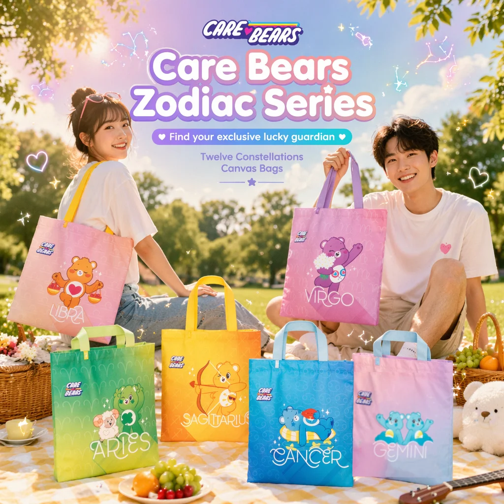 Care Bears 12 Constellation Canvas-Einkaufstasche, große Kapazität, Umhängetasche, bedruckt, wiederverwendbare Einkaufstasche, lässige Handtasche, tägliches Geschenk