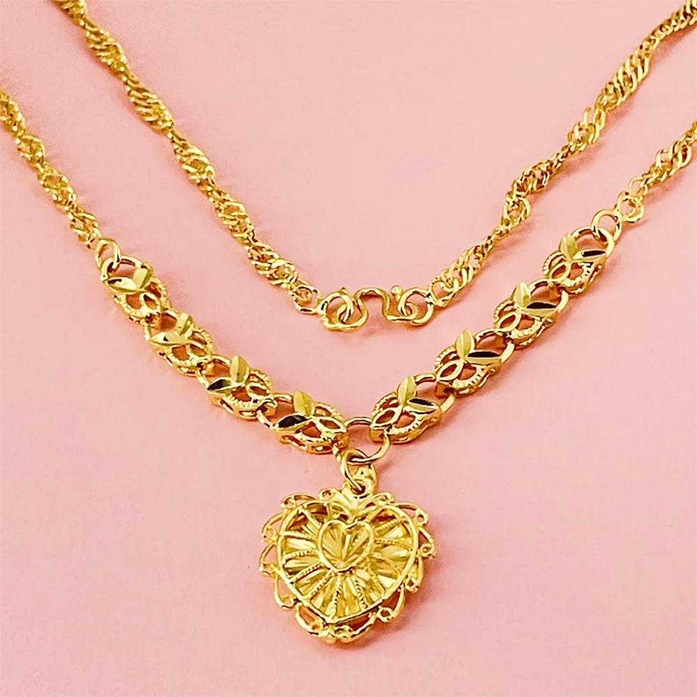

Luxury 24K 9999 Pure Gold real gold Women's hollow heart love necklace