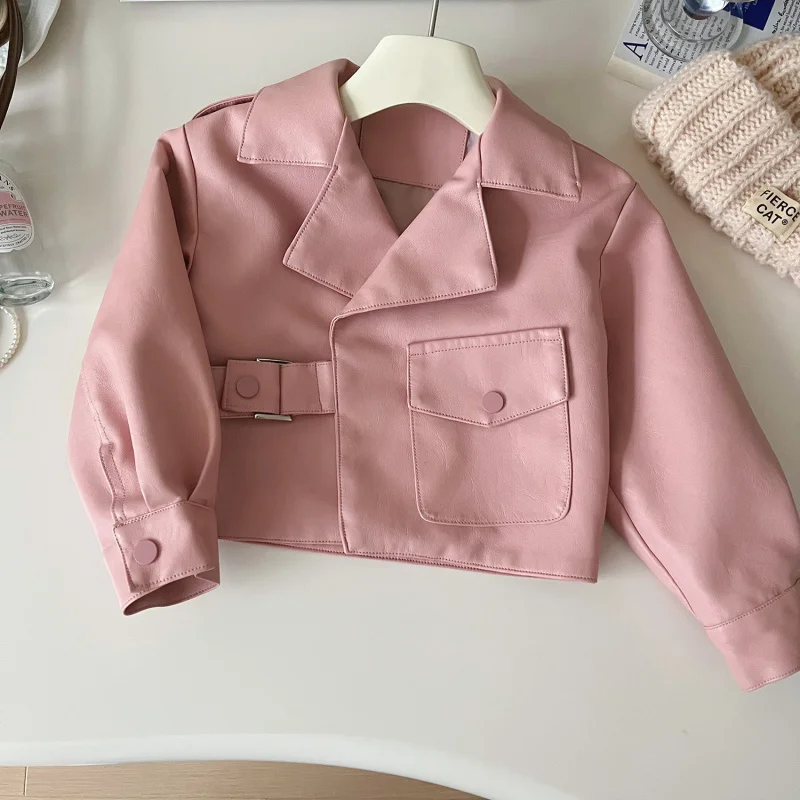 

Children's Leather Jacket New Autumn Fashionable Elegant Short Solid Color Biker Style Jacket for Girls