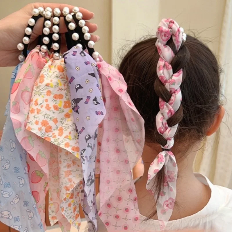

Sweet Hello Kitty Kuromi My Melody Girls Cartoon Floral Pearl Hair Ring Headdress Children Pearl Cinnamoroll Hair Rope Ribbon