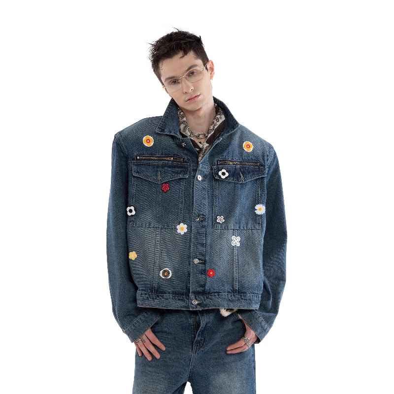 2025 Autumn New Trendy Chic 2pcs Male Three-Dimensional Flower Denim Sets High-End Retro Padded Shoulder Handsome Two-Piece Sets