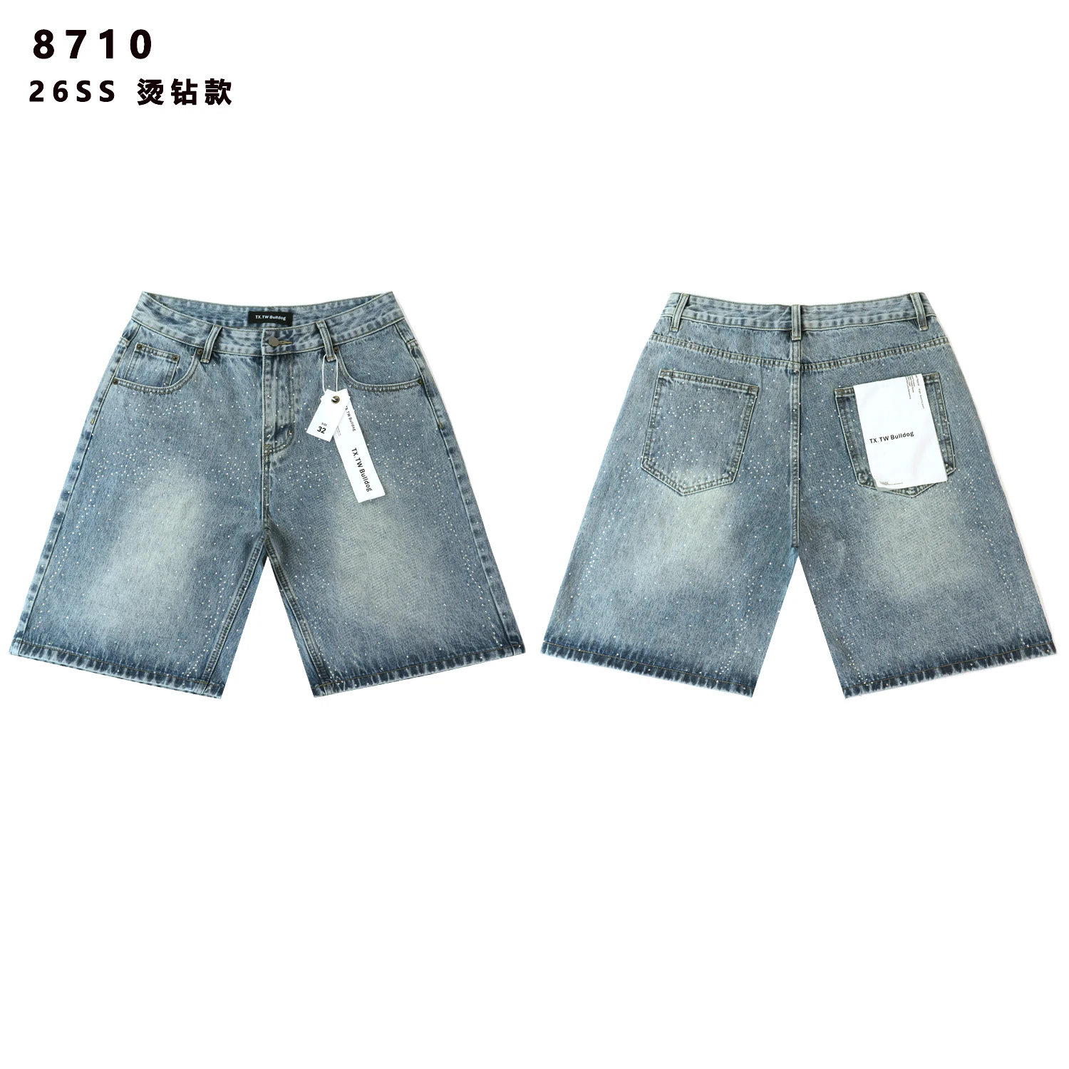 Streetwear Full Shinning Diamond Black Blue Jeans Shorts for Men and Women Vintage Baggy Rhinestone Baggy Denim Shorts Oversized view 2