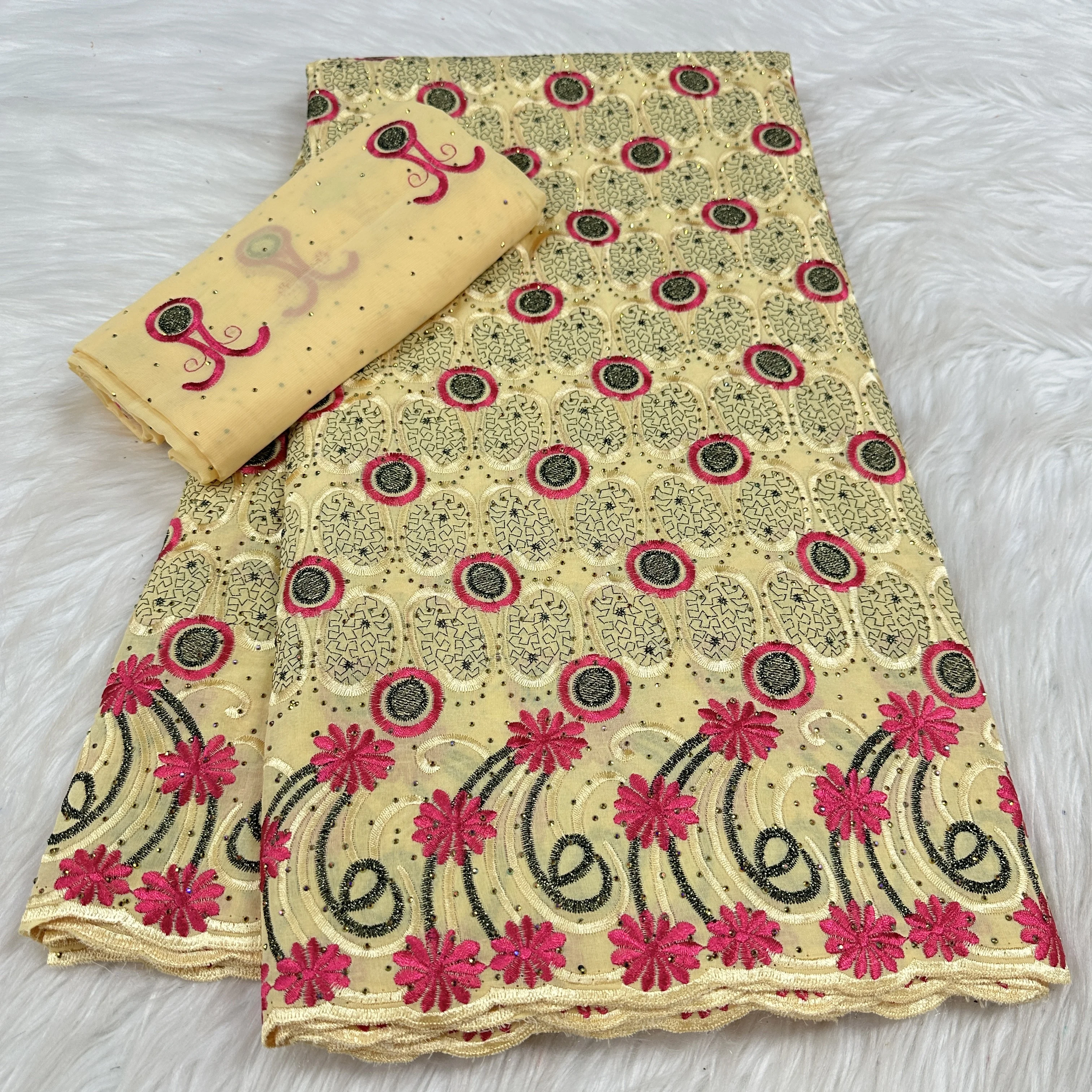 

2025 Luxury African Cotton Lace Fabric High Quality 5+2 Yards Scarf French Embroidered Lace Fabric For Women Sewing Material