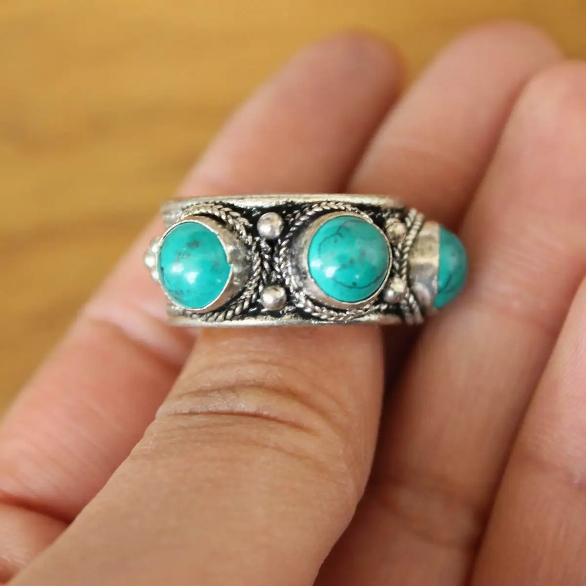 RG358 Tibetan Silver Metal Inlaid Three Turquoises Stone Beads Open Back Adjustable Ring