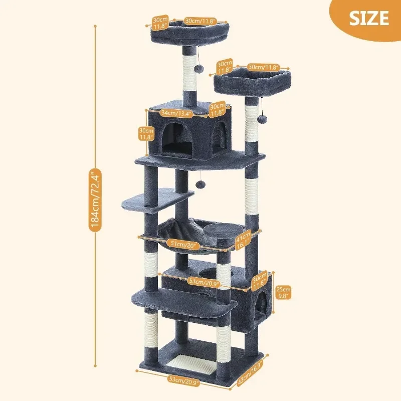 Large Cat Tree, 72 Inches Cat Tower for Large Cats, Cat Condo with Sisal-Covered Scratching Posts and Pads, 2 Padded Perch