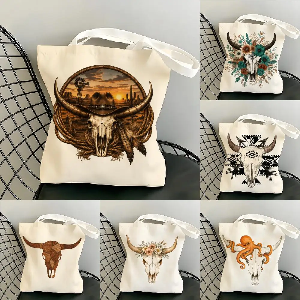 Western Longhorn Cow Skull Storage Bags Canvas Tote Bag Large Capacity Reusable  Shopping Commute Grocery Shoulder Bag Gift