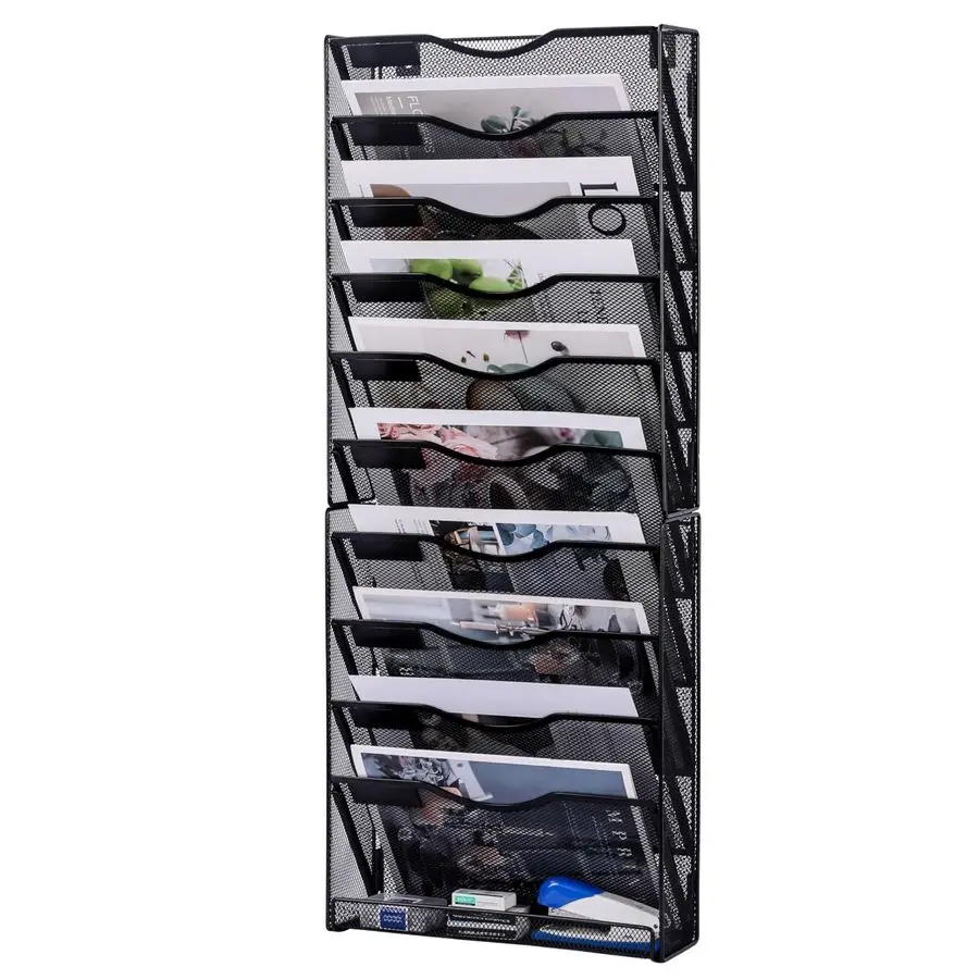 

Wall File Organizer, Mesh Mail Organizer Wall Mounted Paper Document Holder, Vertical Magazine Rack, Metal Hanging Clipboard Sto