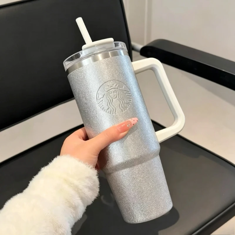 Starbucks Silver Flash 900ml Giant Tumbler with Handle, Stainless Steel Straw Cup, Embossed Siren Logo Leak-proof Travel Mug