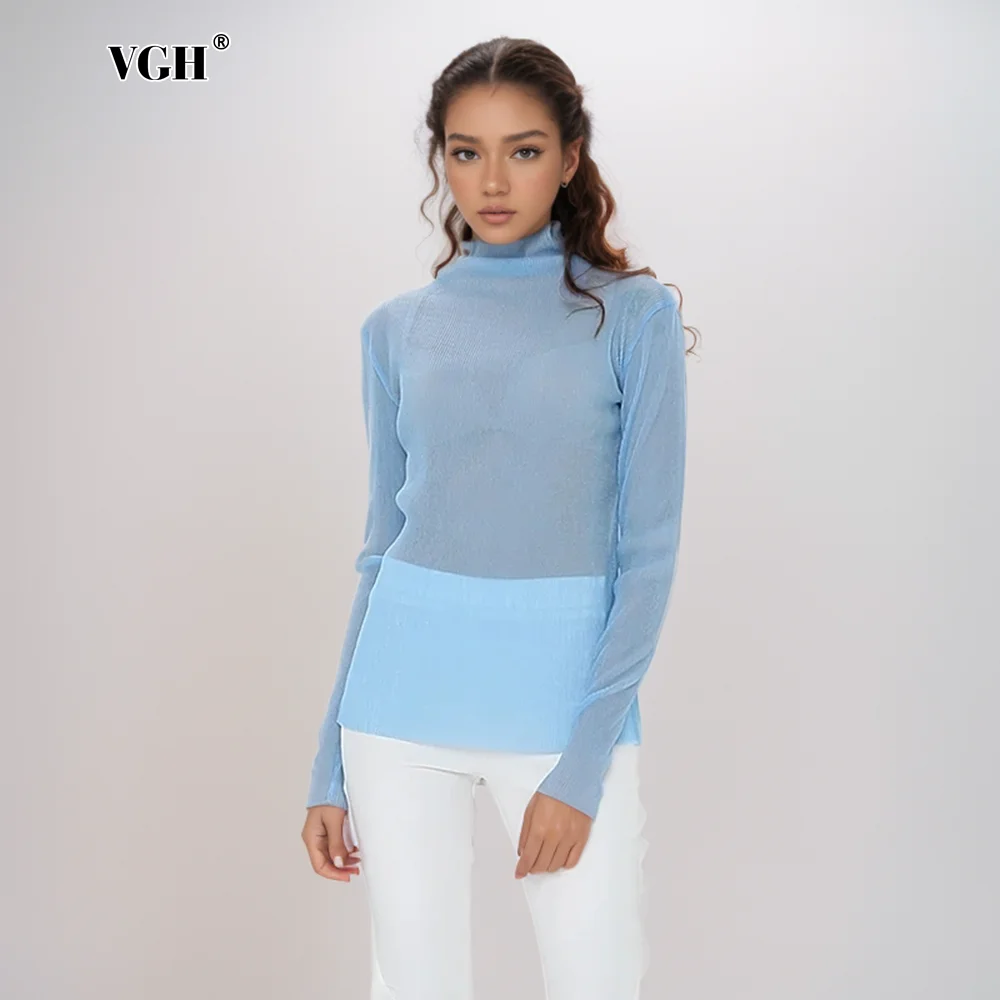 VGH Solid Chic Slimming Knitting T Shirts For Women Turtleneck Long Sleeve Temperament Pullover Chic T Shirt Female Fashion New